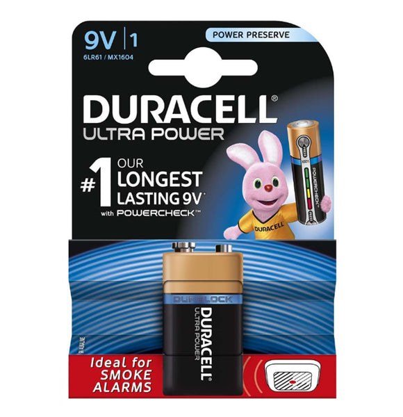 Duracell 9V Ultra Power Power Alkaline Batteries (6LR61, MX1604) (1 Pack)