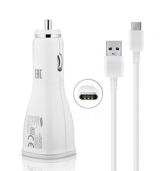 Genuine Samsung 2-Port White Adaptive Fast Car Charger With Type-C USB Cable For Galaxy S8, S8+, S9, S9+, S10e, S10, S10+