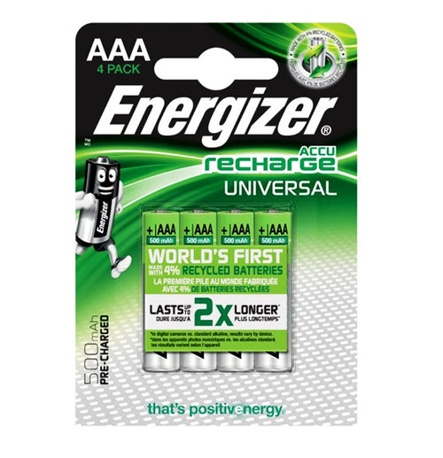 Energizer AAA Universal 500mAh 1.2v NiMH Rechargeable Batteries - PRE-CHARGERD (Pack of 4)