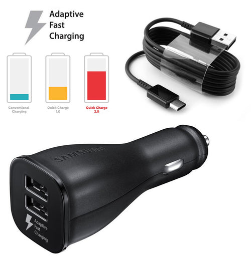 Genuine Samsung 2-Port Black Adaptive Fast Car Charger With Type-C USB Cable For Galaxy S8, S8+, S9, S9+, S10e, S10, S10+
