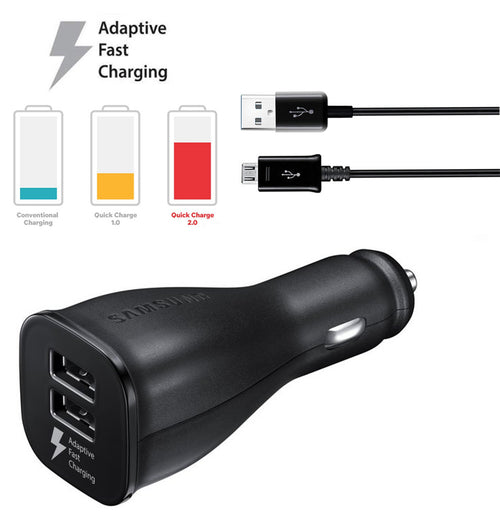 Genuine Samsung 2-Port Black Adaptive Fast Car Charger With Micro USB Cable For Galaxy S6, S6 Edge, S6 Plus, S7, S7 Edge