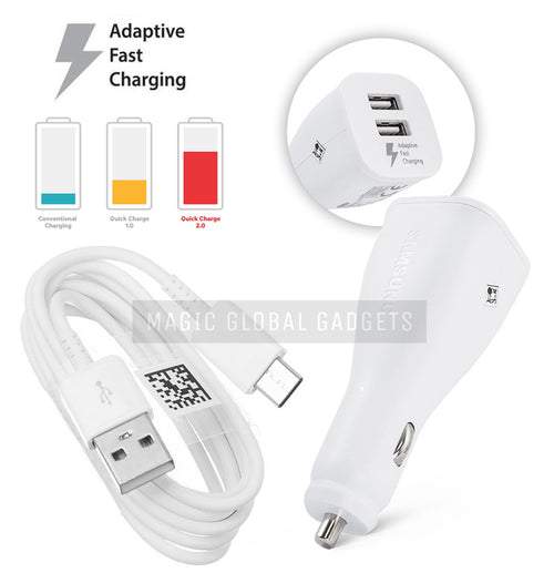 Genuine Samsung 2-Port White Adaptive Fast Car Charger With Type-C USB Cable For Galaxy S8, S8+, S9, S9+, S10e, S10, S10+