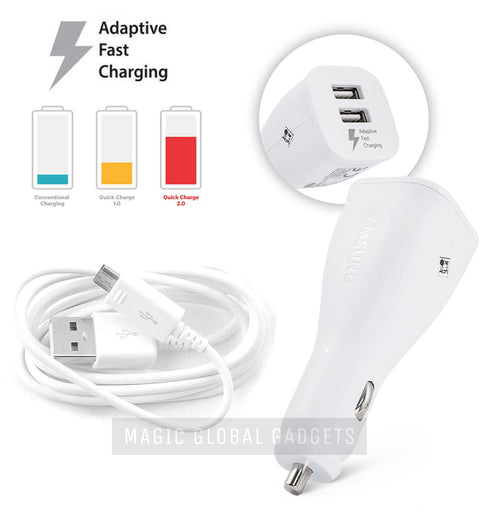 Genuine Samsung 2-Port White Adaptive Fast Car Charger With Micro USB Cable For Galaxy S6, S6 Edge, S6 Plus, S7, S7 Edge
